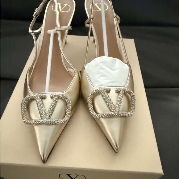 Valentino Garavani Shoes - Valentino Garavani Metallic Gold Crystal V-Buckle Slingback Pumps